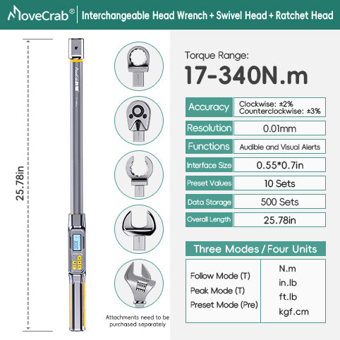 Interchangeable Head Digital Torque Wrench with LED Display - Precision Adjustable Torque Tool for Automotive & Industrial Use