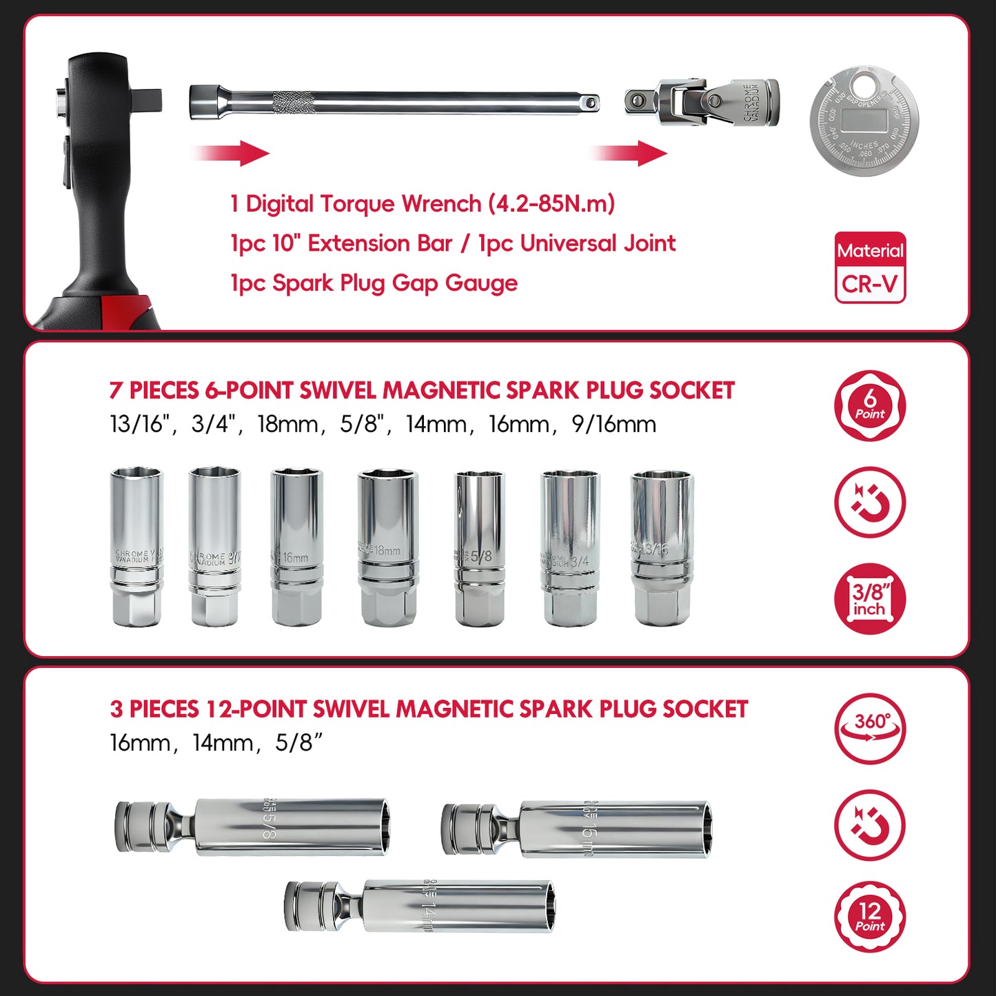 MOVECRAB 14Pcs 3/8-Inch Drive Swivel Magnetic Spark Plug Socket Set