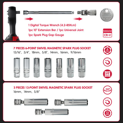MOVECRAB 14Pcs 3/8-Inch Drive Swivel Magnetic Spark Plug Socket Set