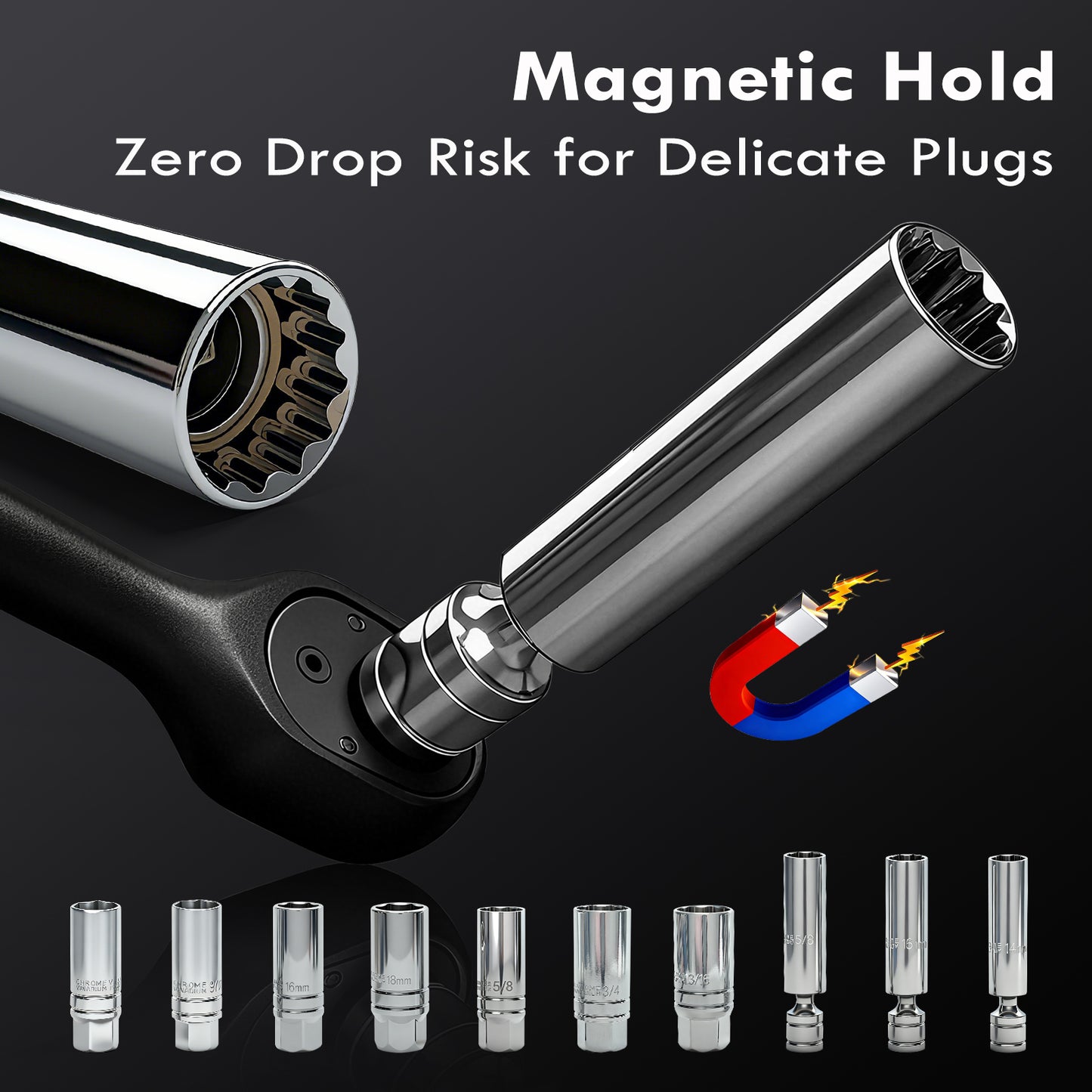MOVECRAB 14Pcs 3/8-Inch Drive Swivel Magnetic Spark Plug Socket Set