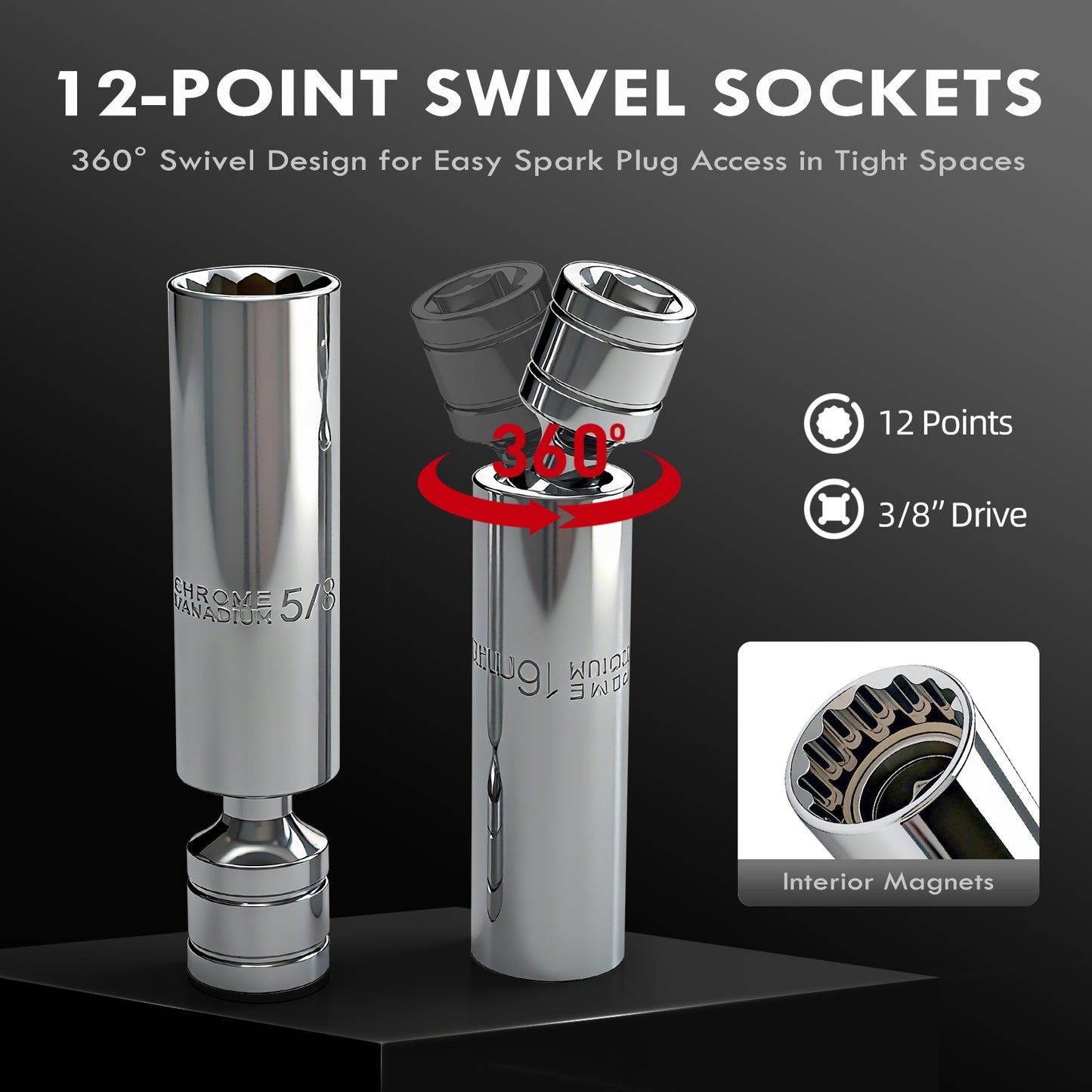 MOVECRAB 14Pcs 3/8-Inch Drive Swivel Magnetic Spark Plug Socket Set