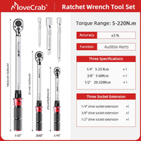 Mechanical Torque Wrench Set 6-Pc 5-220N.m with 3 Extension Rods for Bicycle Motorcycle Auto Industrial Repair Tools Kit