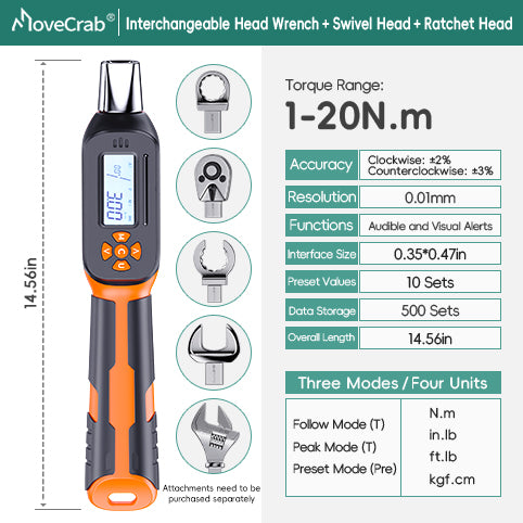Interchangeable Head Digital Torque Wrench with LED Display - Precision Adjustable Torque Tool for Automotive & Industrial Use
