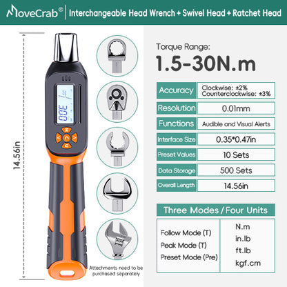 Interchangeable Head Digital Torque Wrench with LED Display - Precision Adjustable Torque Tool for Automotive & Industrial Use