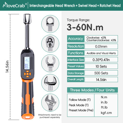 Interchangeable Head Digital Torque Wrench with LED Display - Precision Adjustable Torque Tool for Automotive & Industrial Use