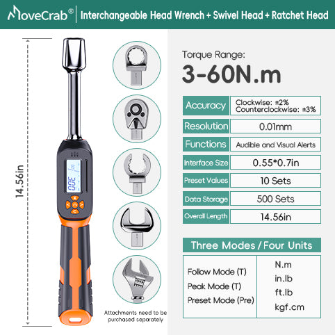 Interchangeable Head Digital Torque Wrench with LED Display - Precision Adjustable Torque Tool for Automotive & Industrial Use