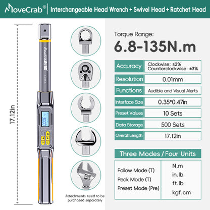 Interchangeable Head Digital Torque Wrench with LED Display - Precision Adjustable Torque Tool for Automotive & Industrial Use