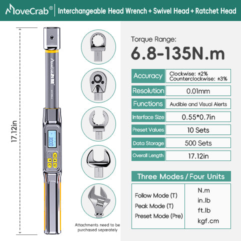 Interchangeable Head Digital Torque Wrench with LED Display - Precision Adjustable Torque Tool for Automotive & Industrial Use