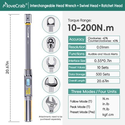Interchangeable Head Digital Torque Wrench with LED Display - Precision Adjustable Torque Tool for Automotive & Industrial Use