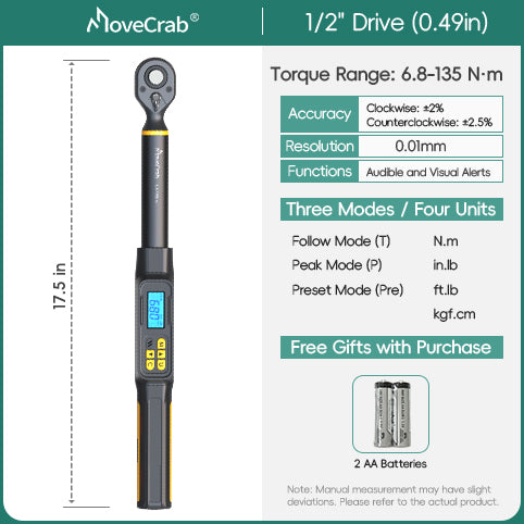 MOVECRAB Digital Torque Wrench，2% Accuracy, Buzzer and LED Flash Notification