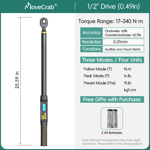 MOVECRAB Digital Torque Wrench，2% Accuracy, Buzzer and LED Flash Notification